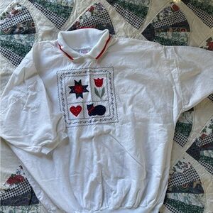 Vintage White Pullover Top with Red Trim and Patchwork Motif